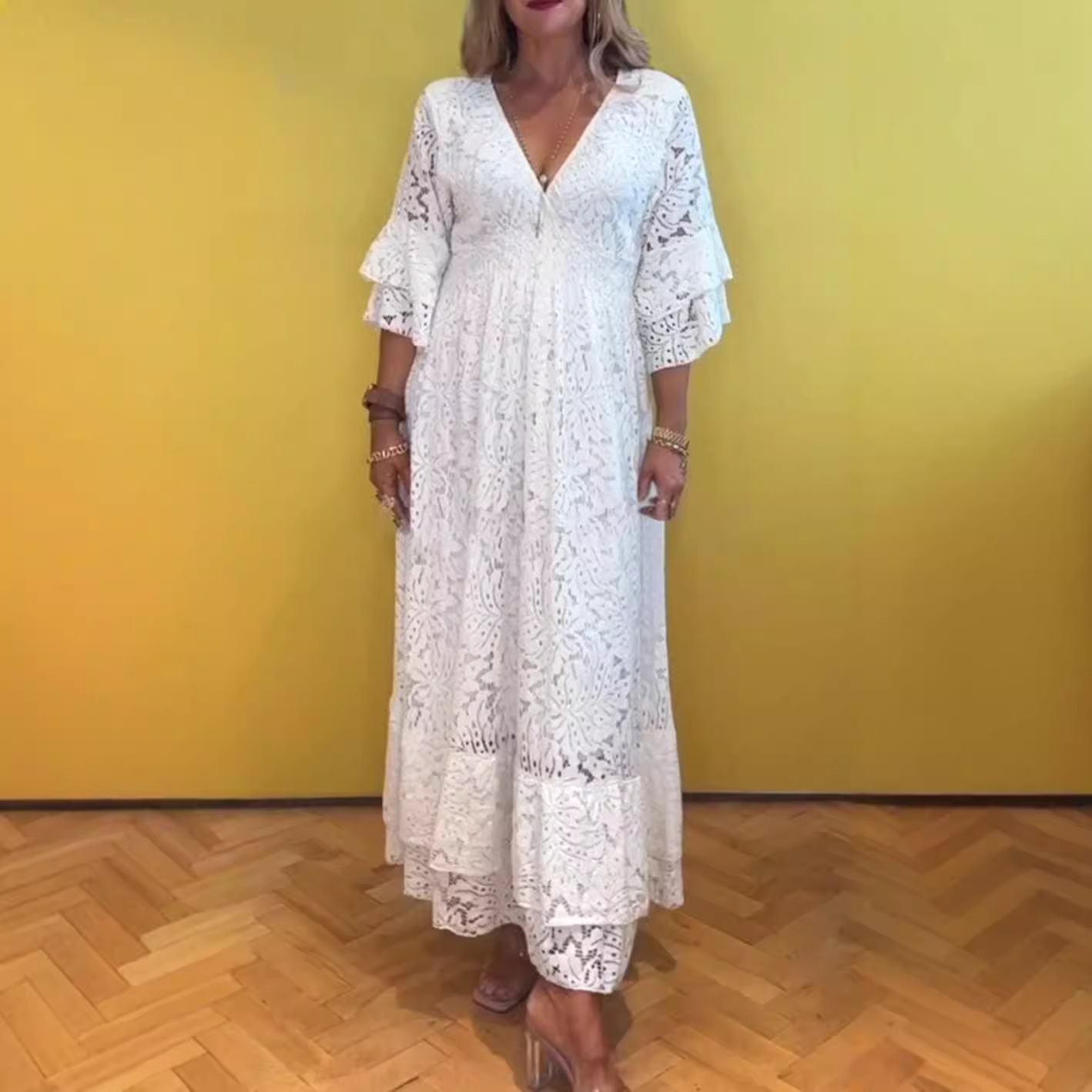 Women's Lace Cutout Deep V-Neck Solid Color Maxi Dress
