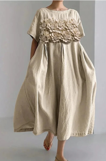 Women's Vintage Floral Print A-Line Midi Dress with U-Neck and Short Sleeves