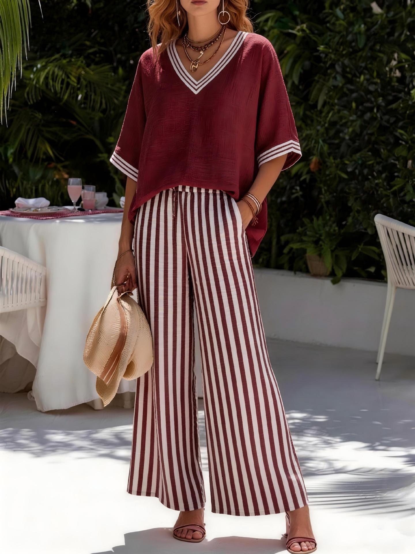 Women's Striped V-Neck Two-Piece Set Casual Loose Fit