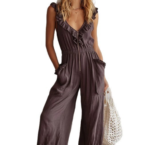 Bohemian V-Neck Ruffle Sleeveless Jumpsuit with Front Zip and Elastic Waist