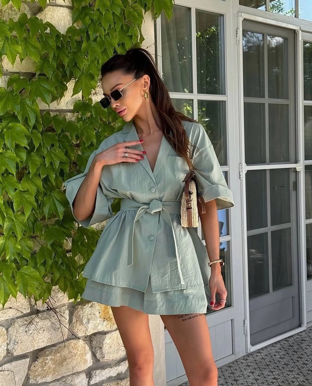 Women's Collared Half-Sleeve Tie Shirt & Shorts Set