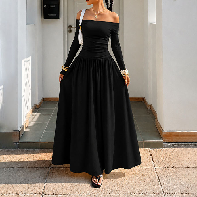 Women's Off-Shoulder Polka Dot Long Sleeve A-Line Dress