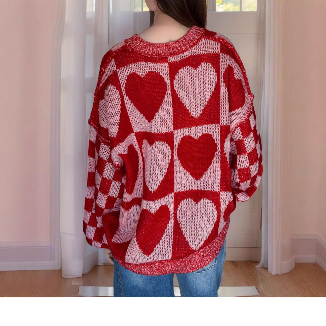 Loose Fit Heart Pattern Mid-Length Sweater Lazy Style Thick Round Neck Knit Top