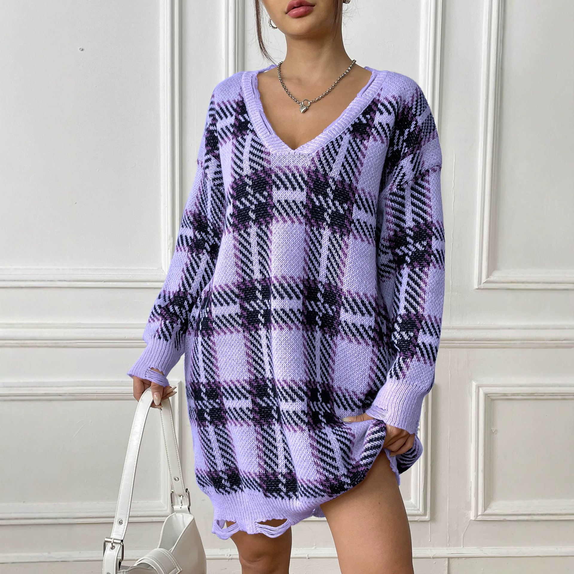 Women's Color-Block Plaid Knit Dress V-Neck Long Sleeve Midi
