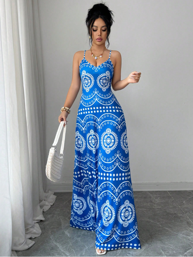 Women's Sleeveless V-Neck Printed Maxi Dress Slim Fit Summer