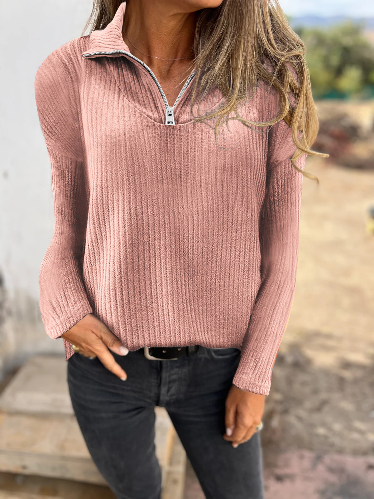 Women's Zip-Up Long-Sleeve Knit Sweater Casual Pullover