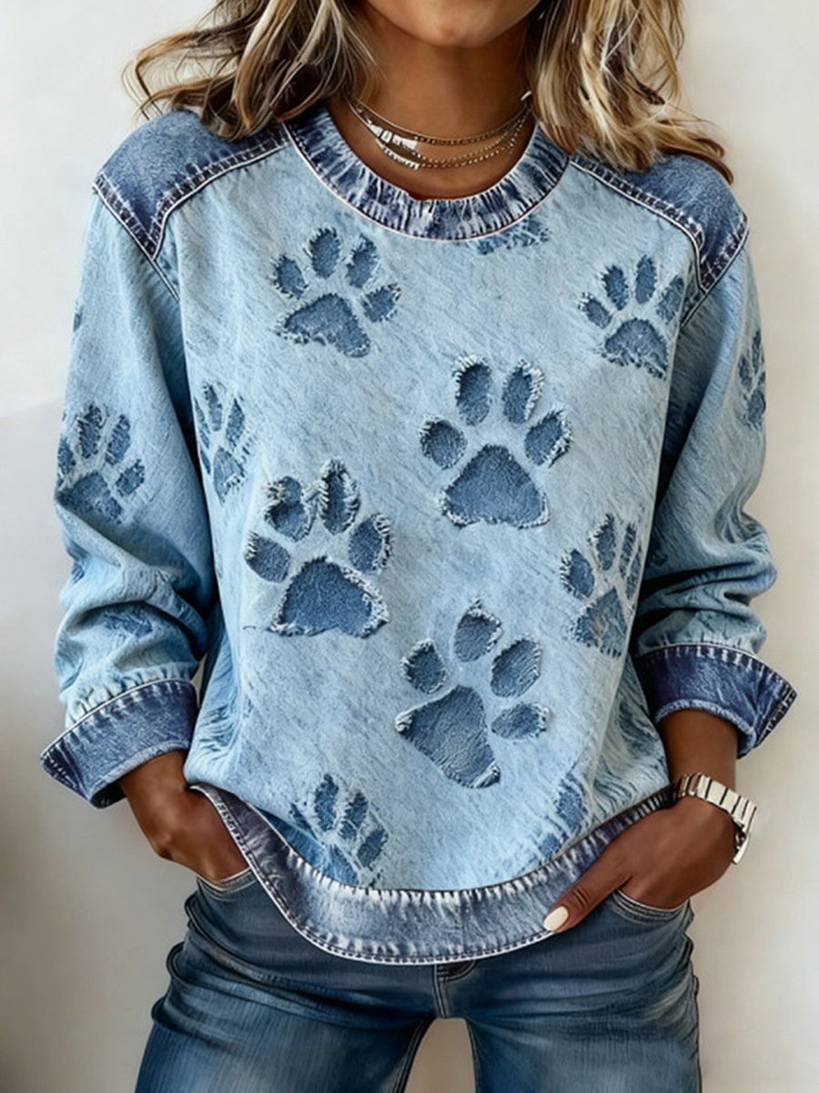 Women's Striped Paw Print Tribal Graphic Crewneck Sweatshirt