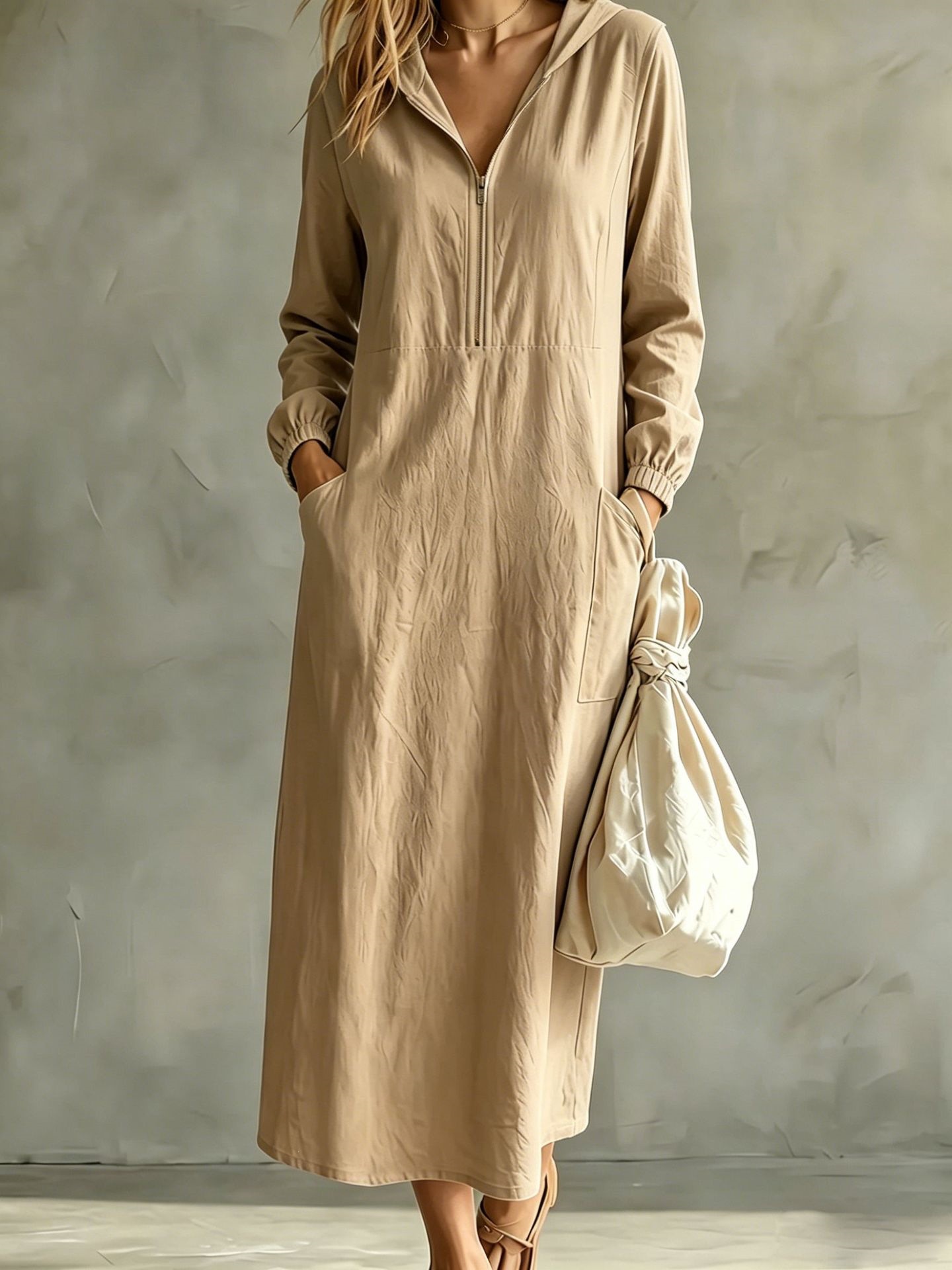 Hooded Half-Zip Long-Sleeve Cotton-Linen Maxi Dress with Cuffed Sleeves