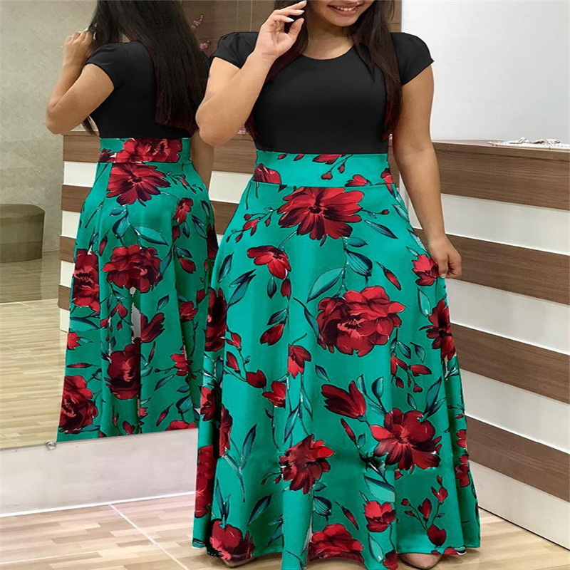 Floral Print Color-Block Short-Sleeve Plus-Size Dress