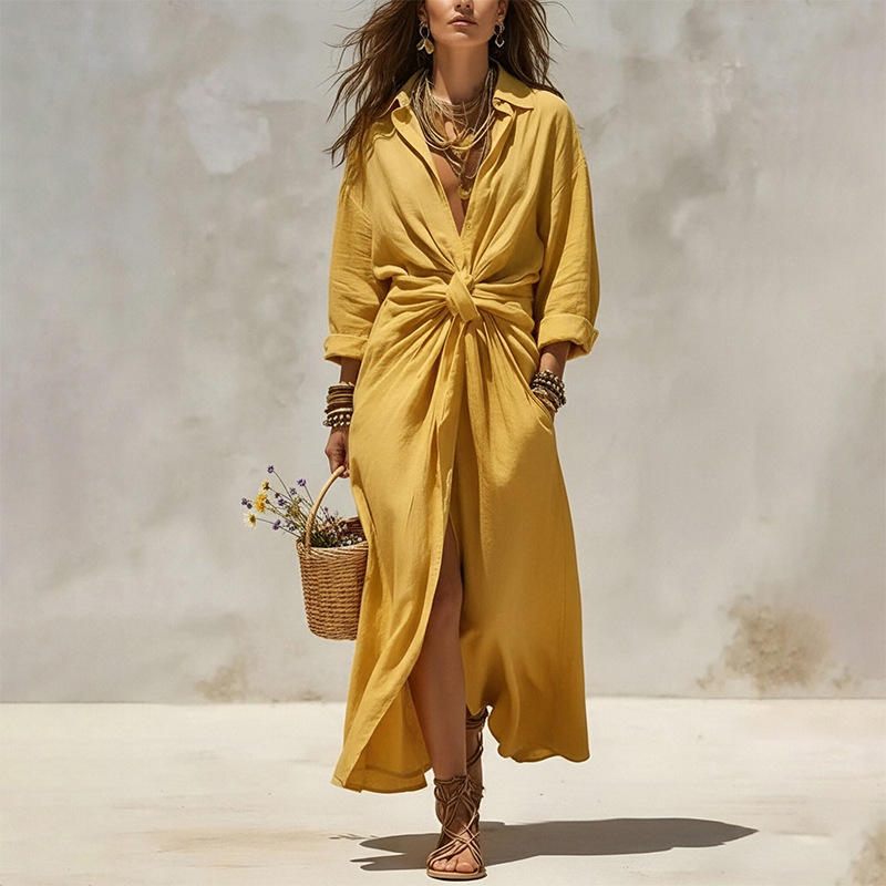 Women's Solid V-Neck Knot Slit Midi Dress