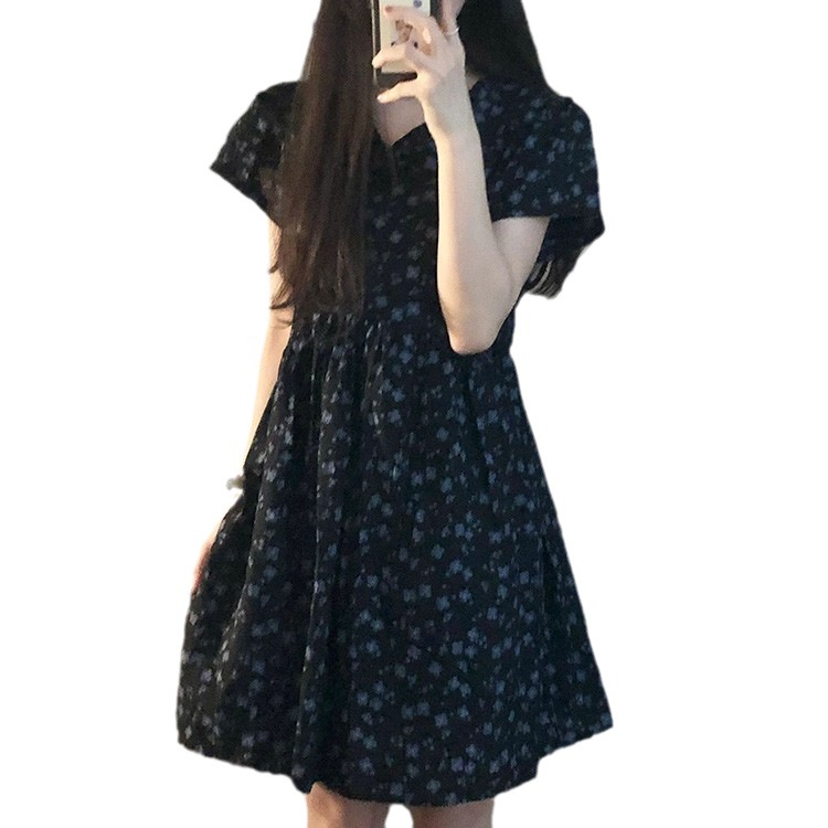 Black Floral V-Neck Bubble Sleeve A-Line Short Dress