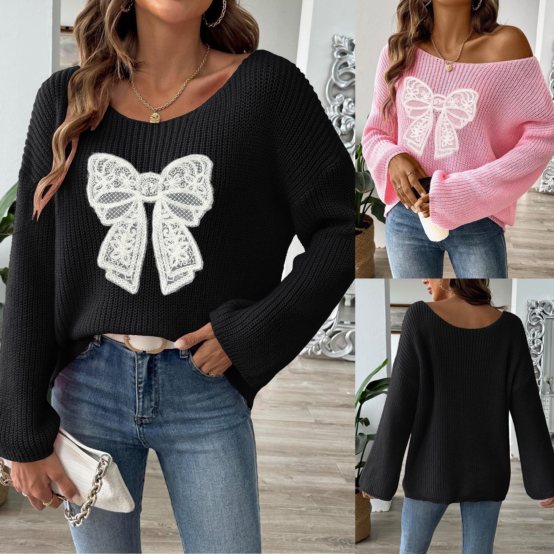 Women's Bow Embroidered Off-Shoulder Bell Sleeve Sweater