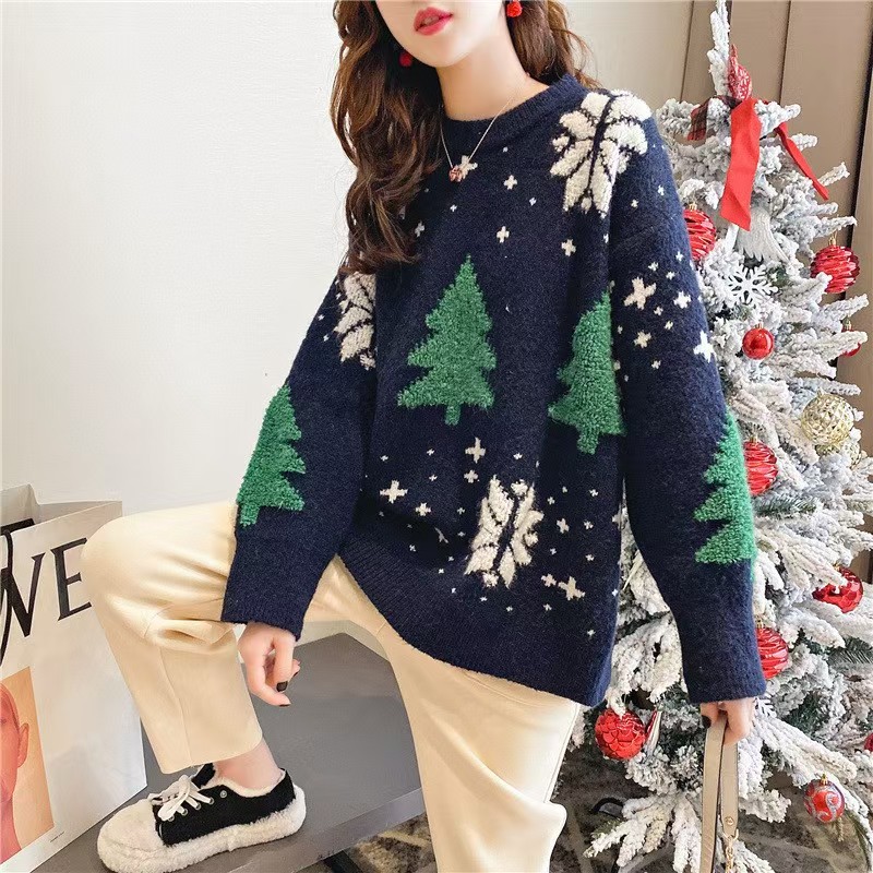 Women's Thick Christmas Tree Sweater Crewneck Loose Pullover