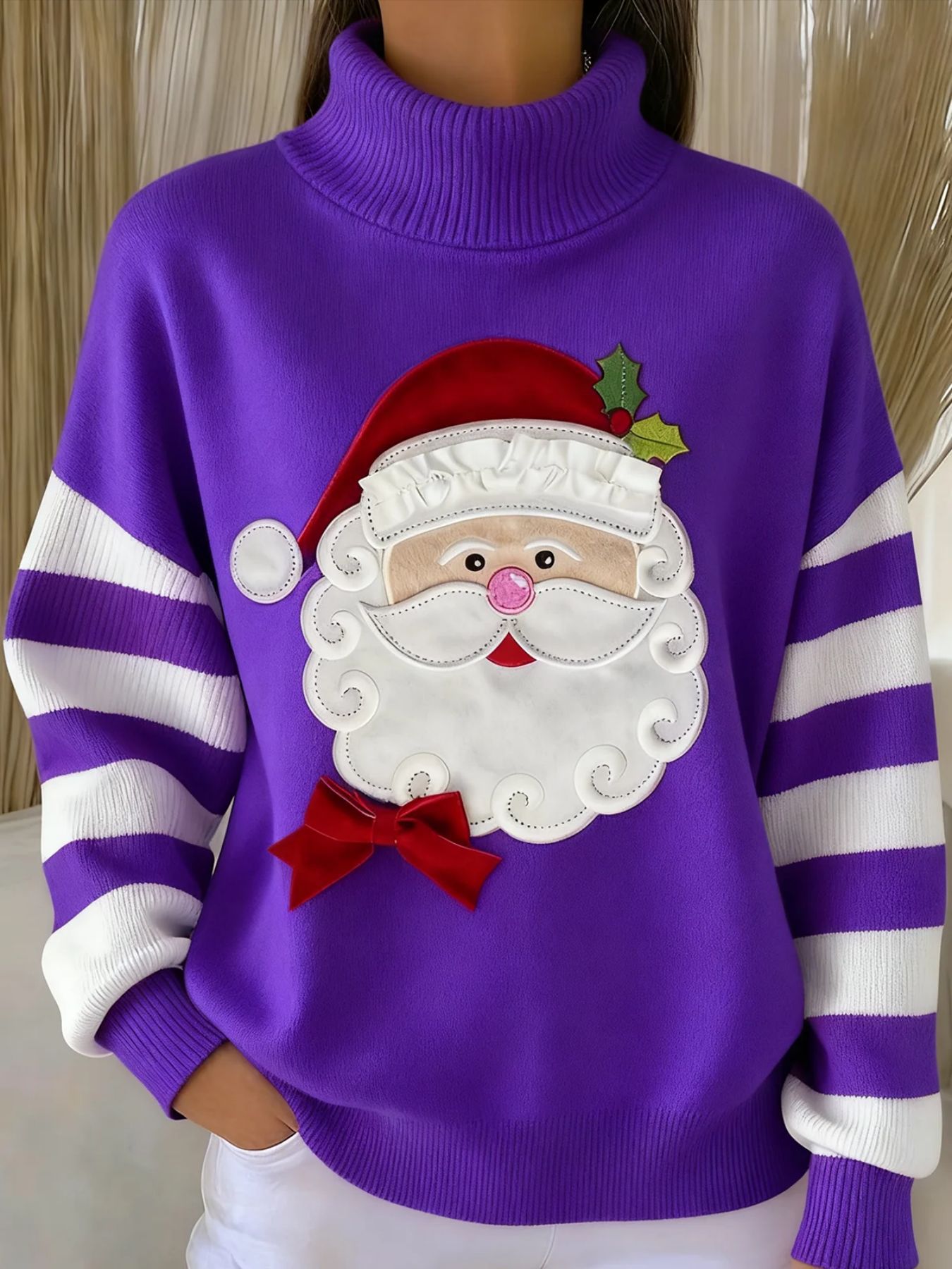 Women's Christmas Santa Striped Print Turtleneck Sweater
