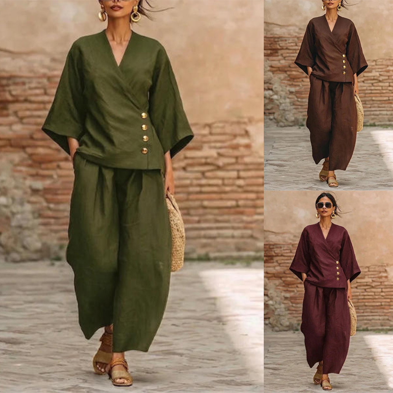 Women's Button Cardigan and Wide-Leg Pants Set