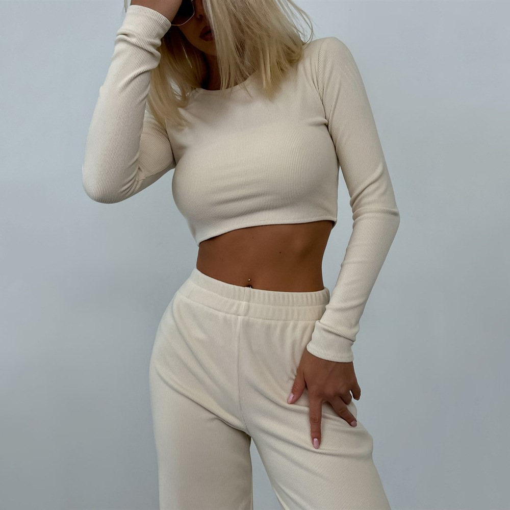 Women's Solid Color Two-Piece Set: Loose Wide-Leg Pants & Fitted Knit Top