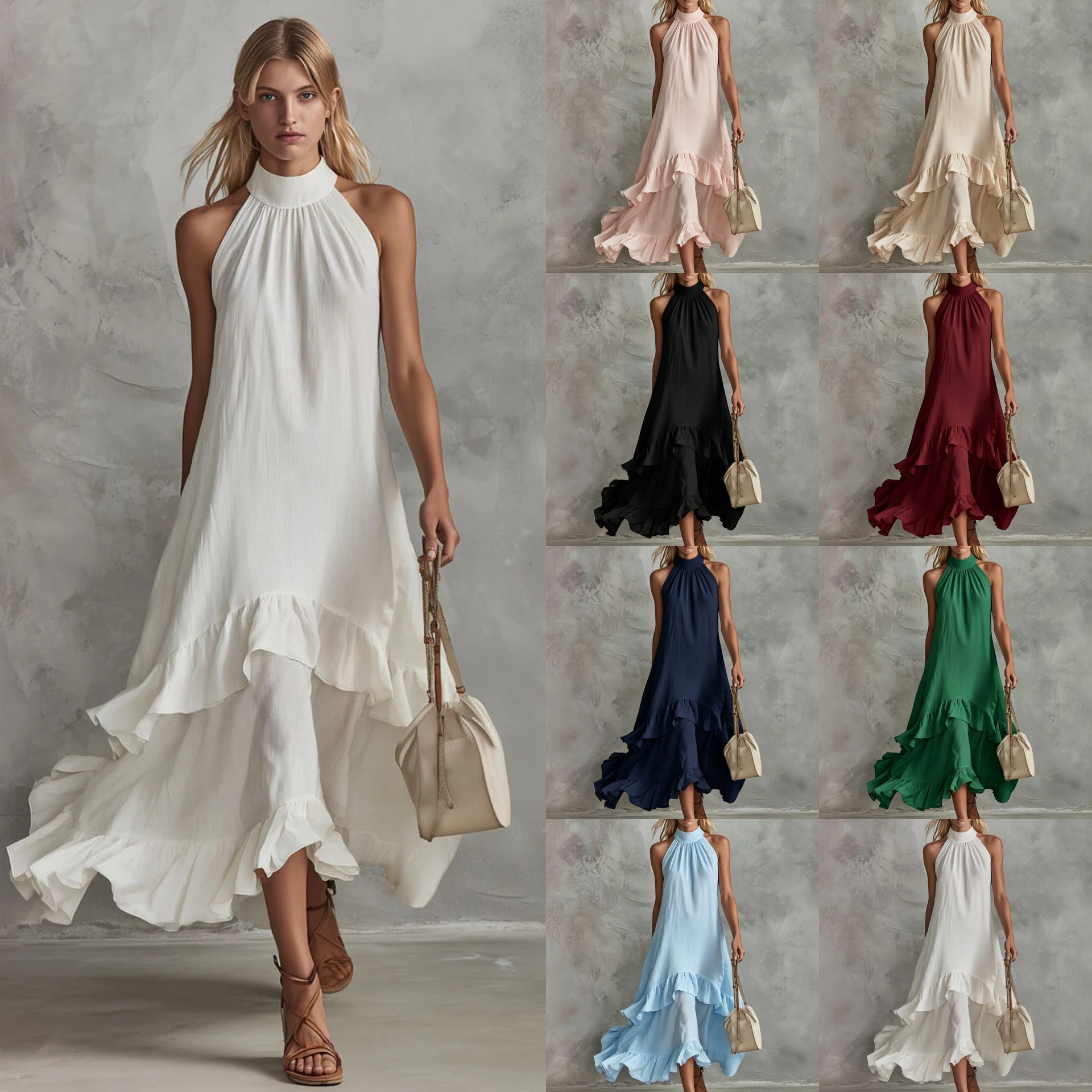 White Sleeveless Ruffle Midi Beach Dress