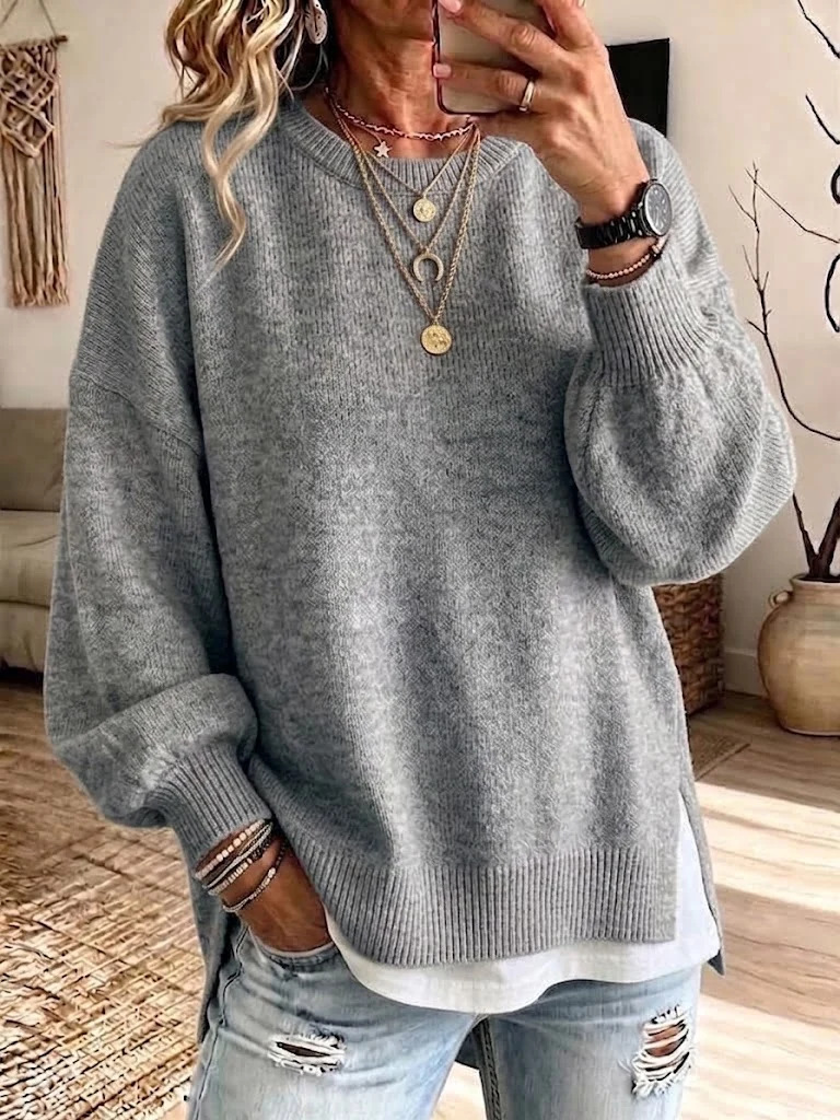 Women's Crewneck Sweater with Split Hem Loose Knit Pullover