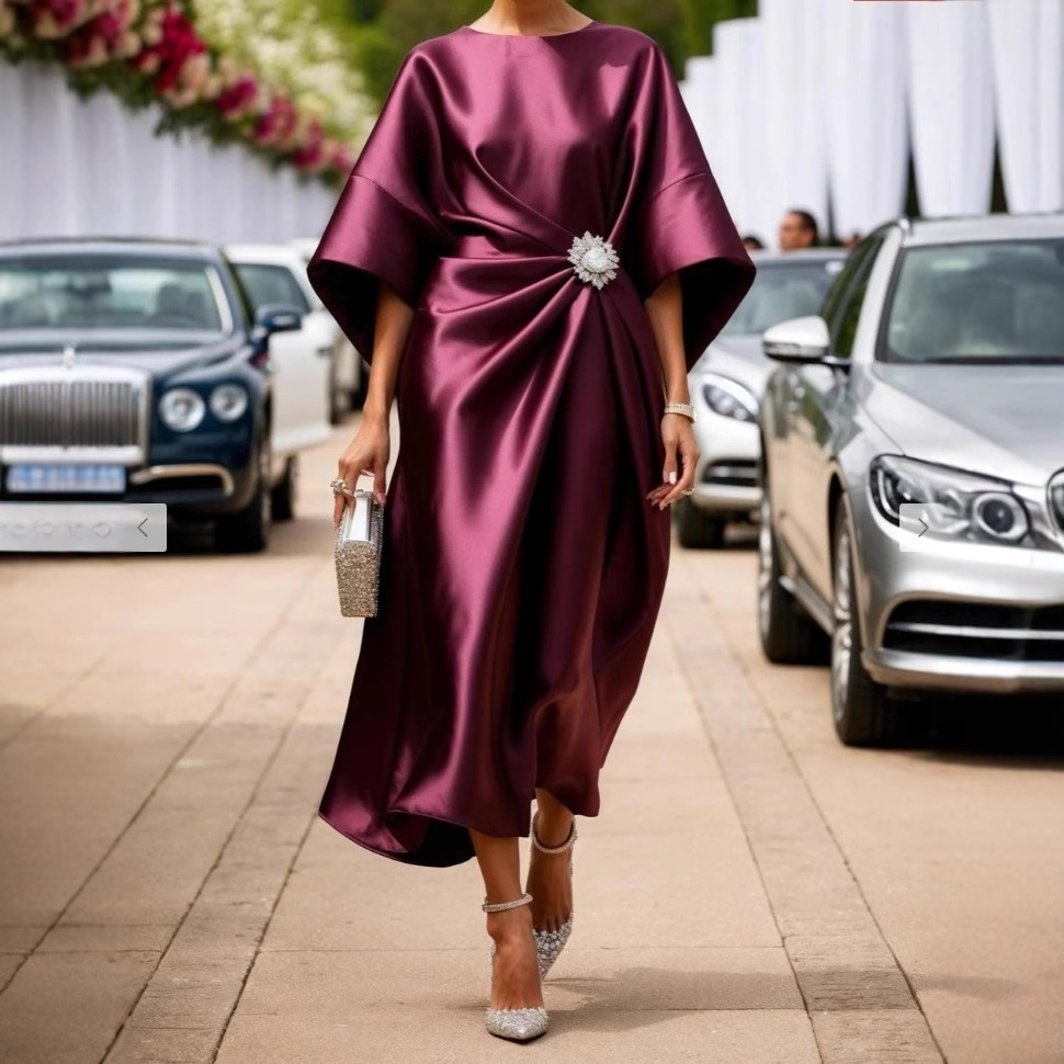 Solid Satin Knot Midi Dress Long High Waist Round Neck