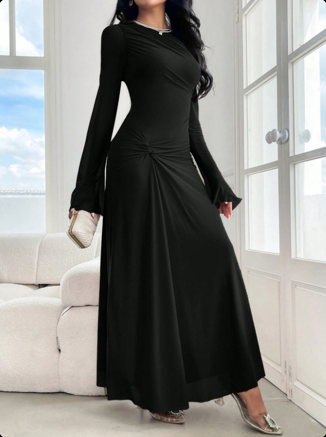 Flare Sleeve Bodycon Midi Dress with Crinkle Texture