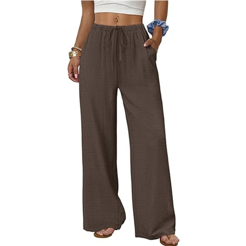 Women's Solid Color Elastic Waist Wide-Leg Beach Pants with Pockets