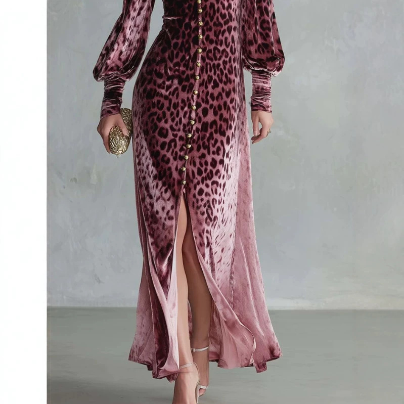 Leopard Print Velvet V-Neck Slit Long Sleeve Maxi Dress
