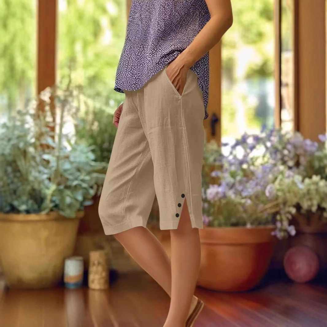 Women's Casual Loose Cotton-Linen Elastic Waist Pocket Shorts