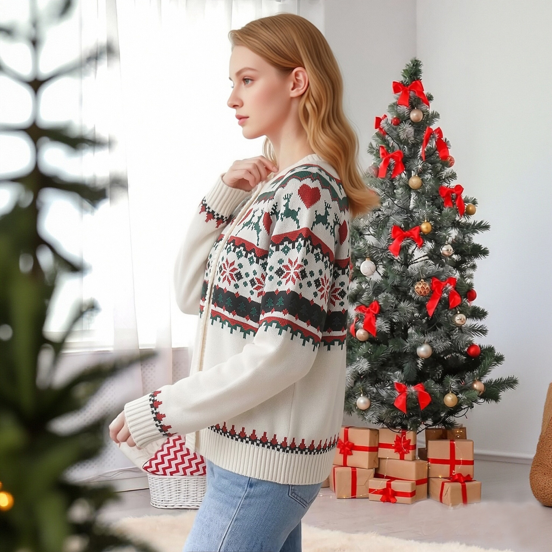 Women's Loose Knit Cardigan Sweater Coat Reindeer Christmas