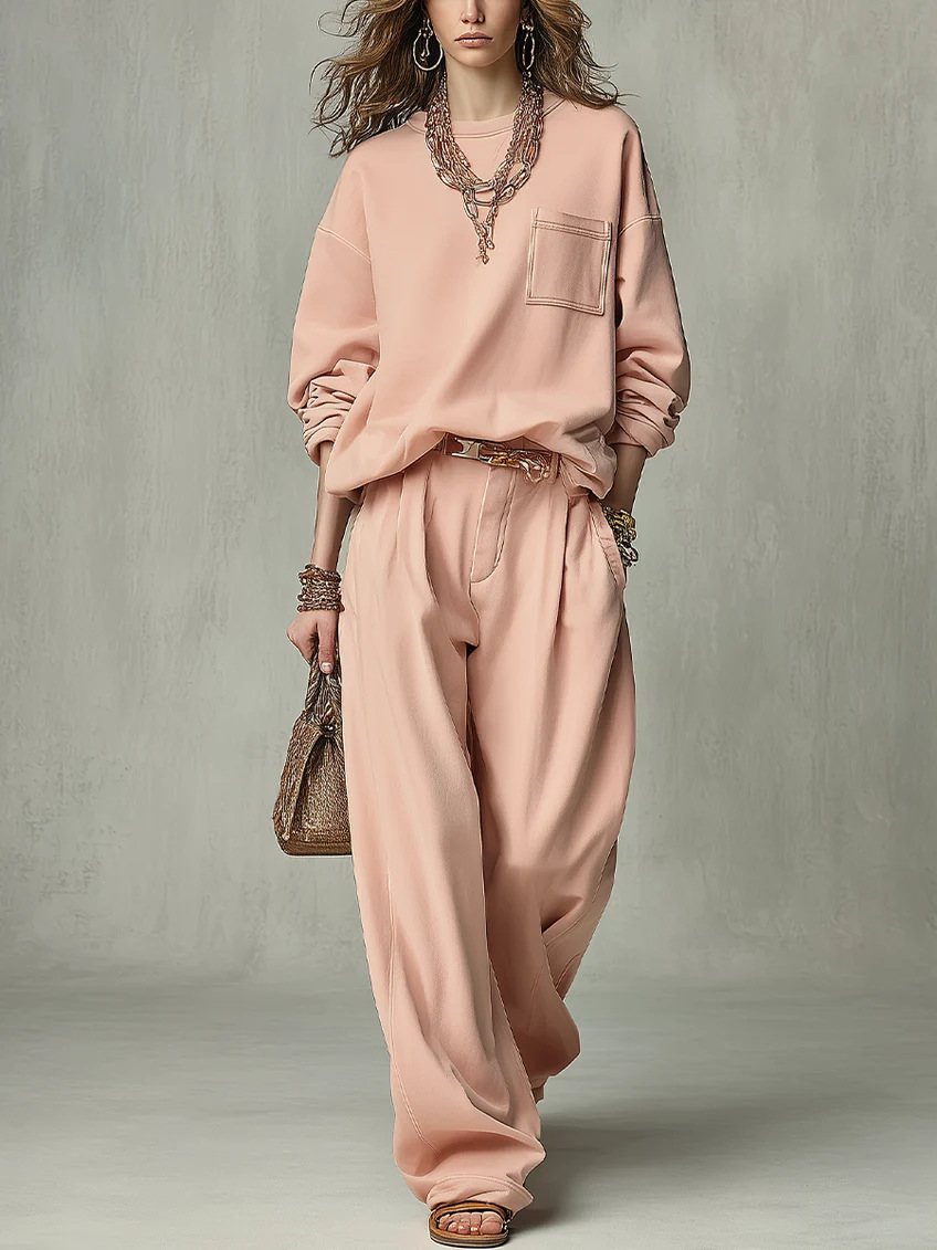 Relaxed Crewneck Sweatshirt & High-Waist Pleated Wide-Leg Pants Set (Belt Not Included)