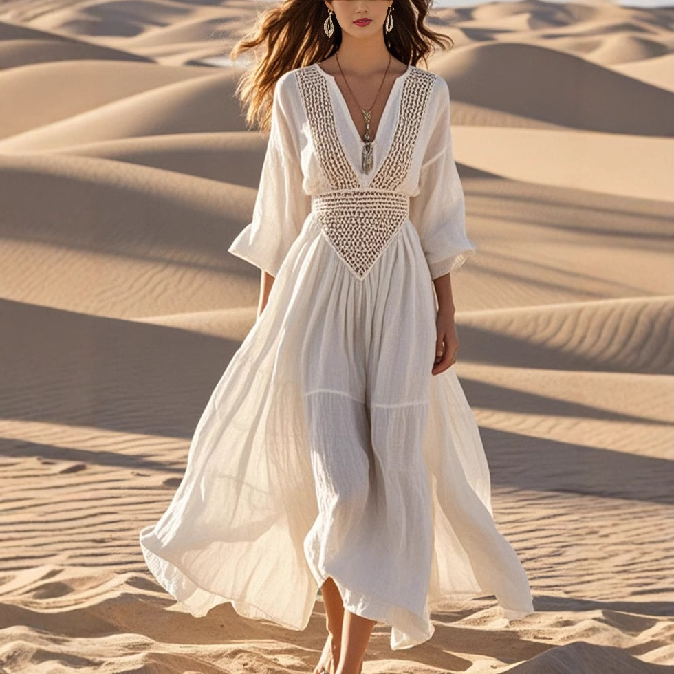 Women's Hollow-Out V-Neck Long Sleeve Maxi Dress