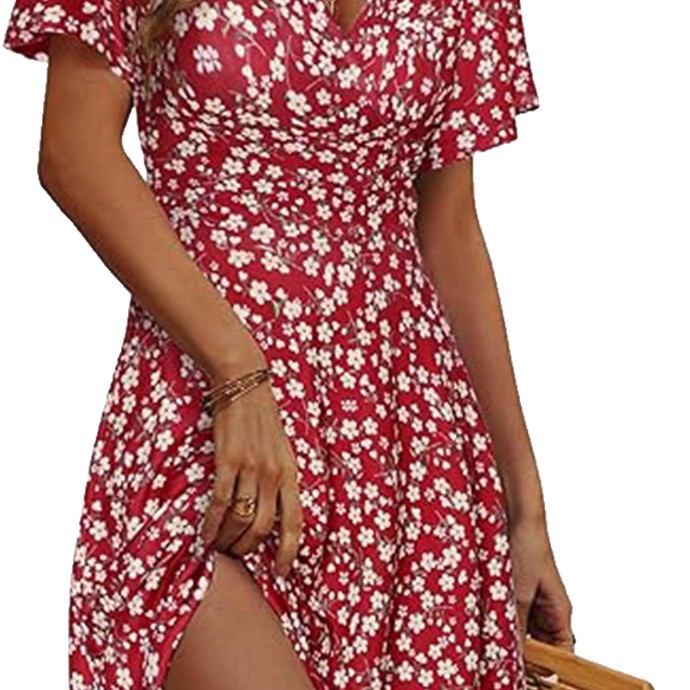 Women's Floral Short Sleeve Wrap V-Neck A-Line Midi Dress
