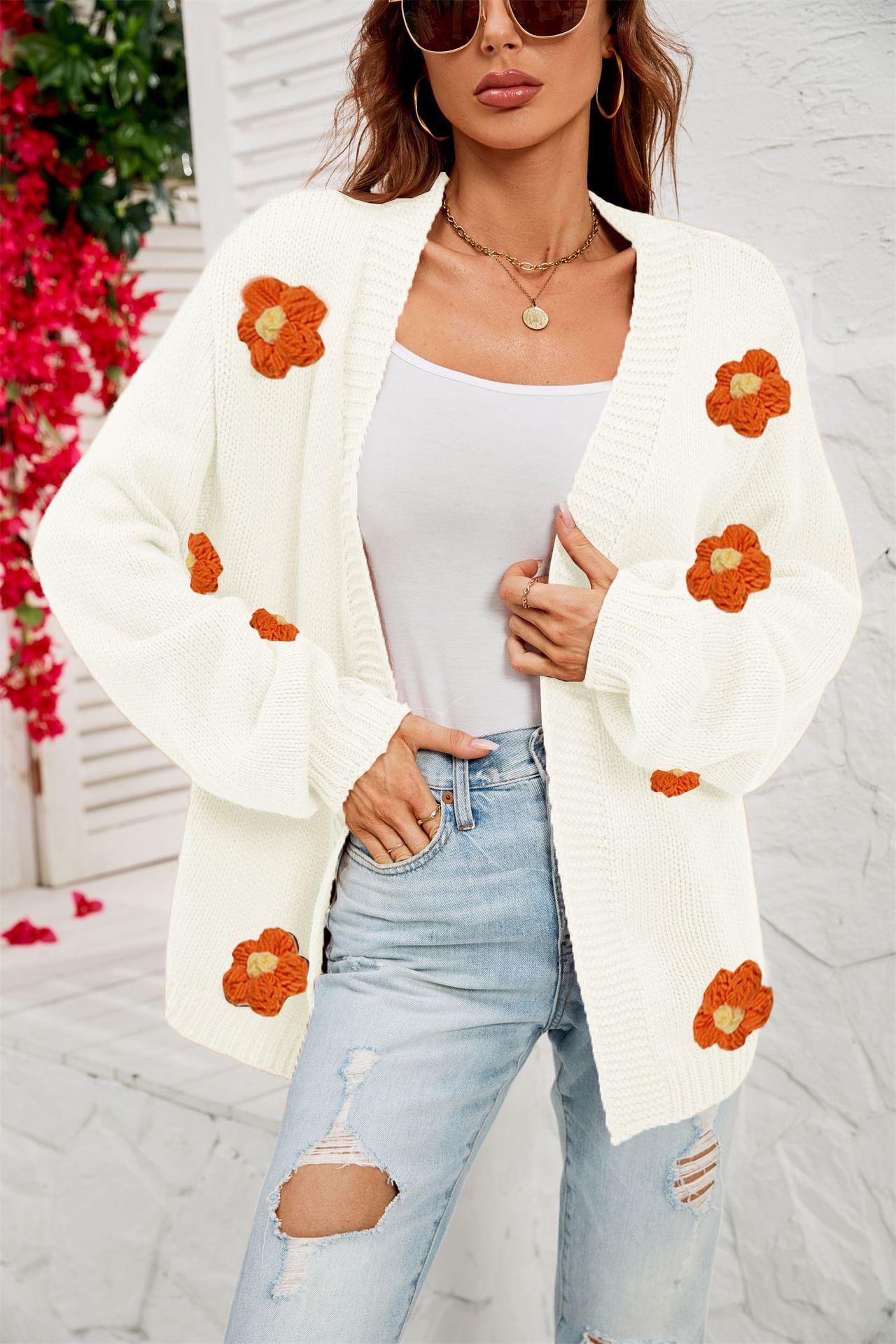 Floral Open-Front Cardigan with Lantern Sleeves