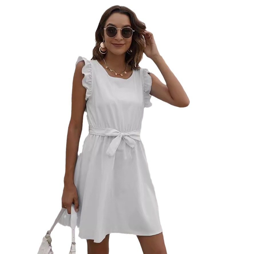 Women's Summer Solid Color Round Neck Tie-Waist Dress