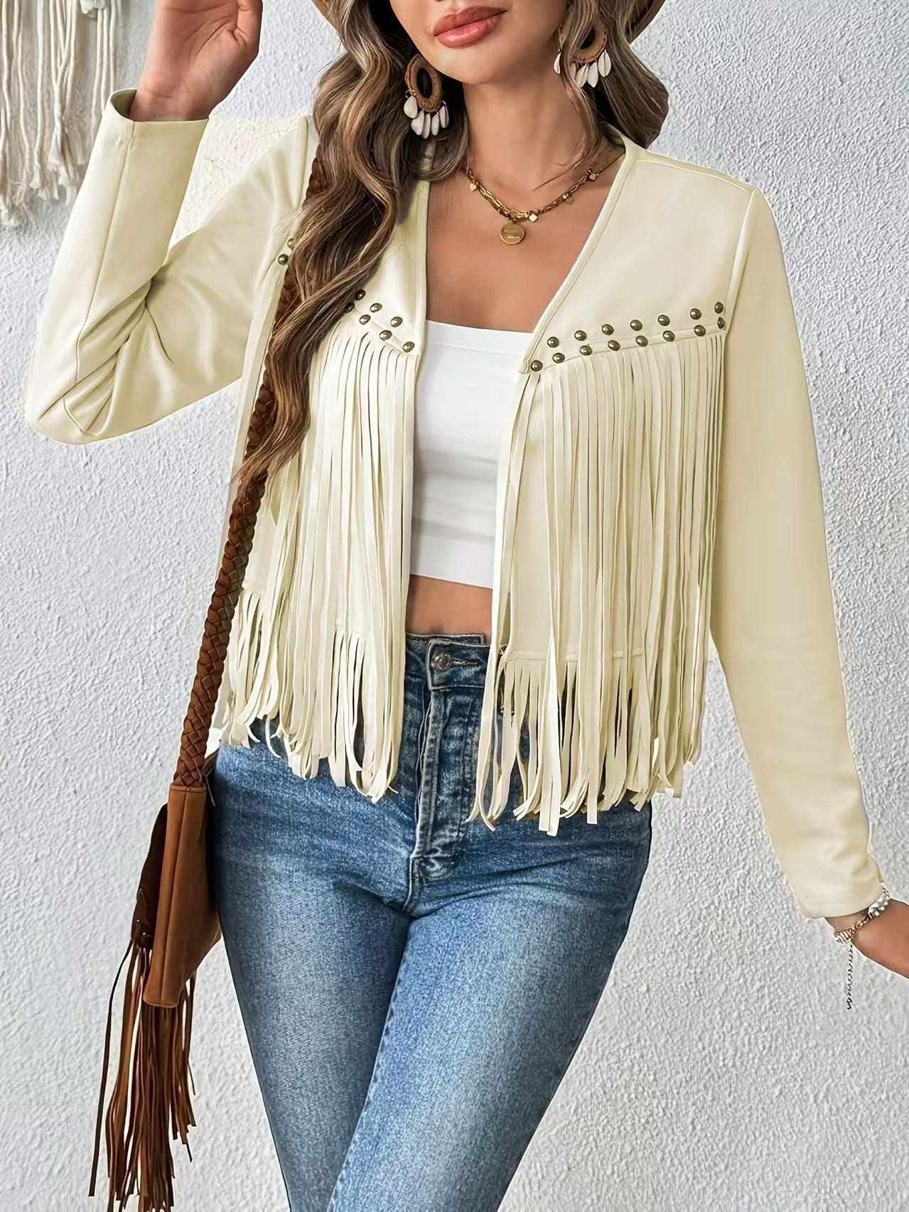 Fringe Faux Suede Studded Open-Front Mid-Length Cardigan Jacket