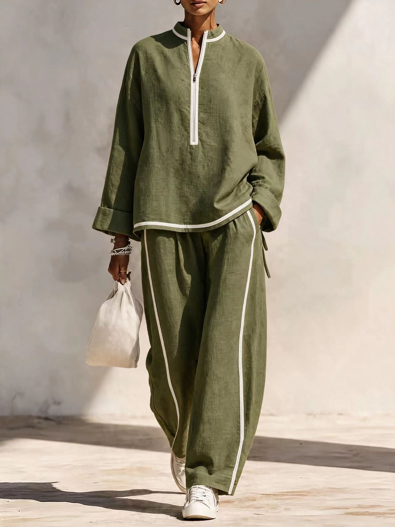 Women's Casual Two-Piece Set with Half-Zip Stand Collar Top and Wide-Leg Pants