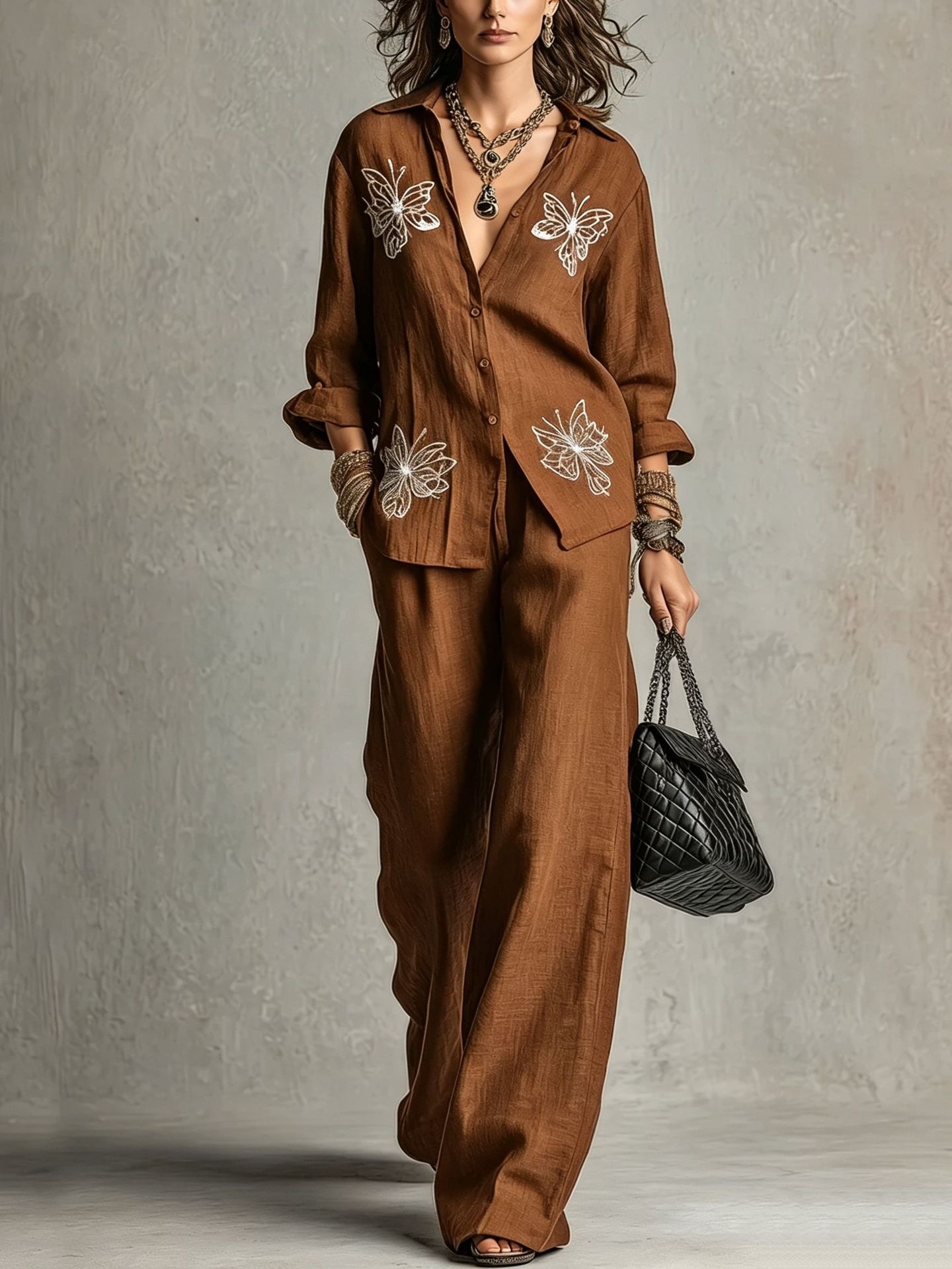 Women's Butterfly Embroidered Shirt & Wide-Leg Pants Two-Piece Set