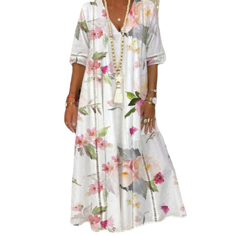 Women's Summer Long Sleeve Printed Lace Trim Dress