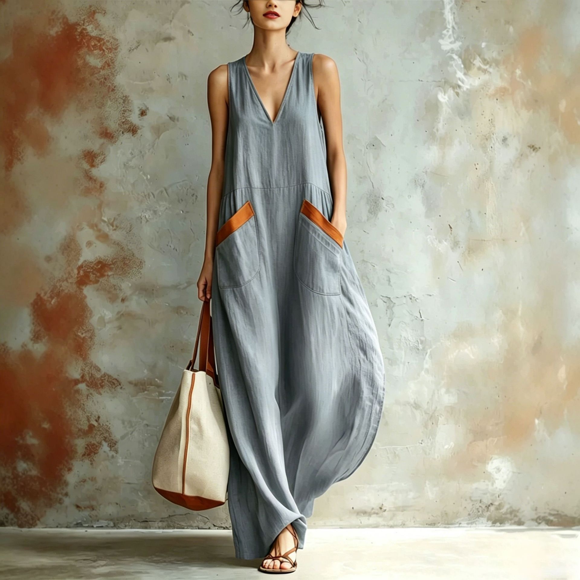 V-Neck Loose Lightweight Sleeveless Maxi Dress