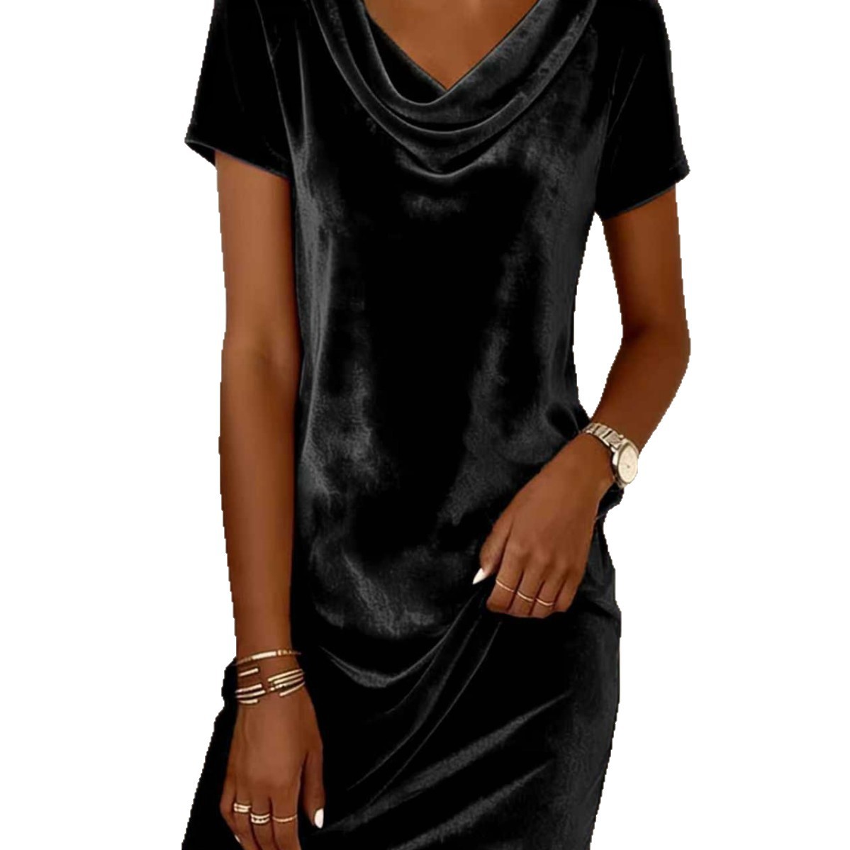 Women's Cowl Neck Velvet Midi Dress Slim Fit Elegant