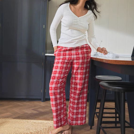 Red Plaid Wide-Leg Lounge Pants Casual Loose Fit
