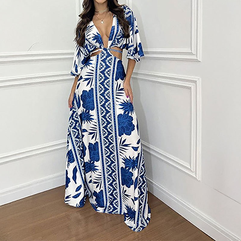 Women's Cutout Waist Printed Tie Dress