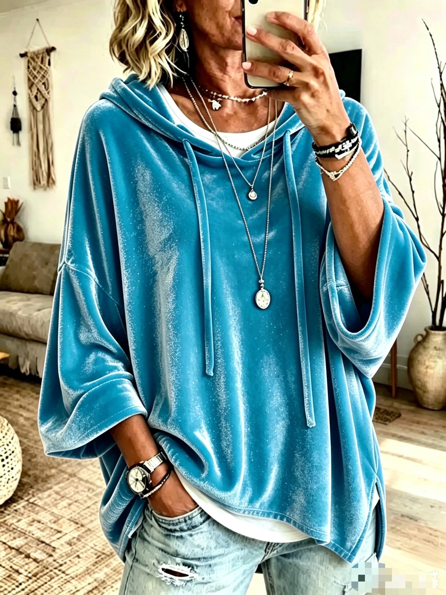 Solid Color 3/4 Sleeve Hooded Drawstring Loose Casual Sweatshirt for Women