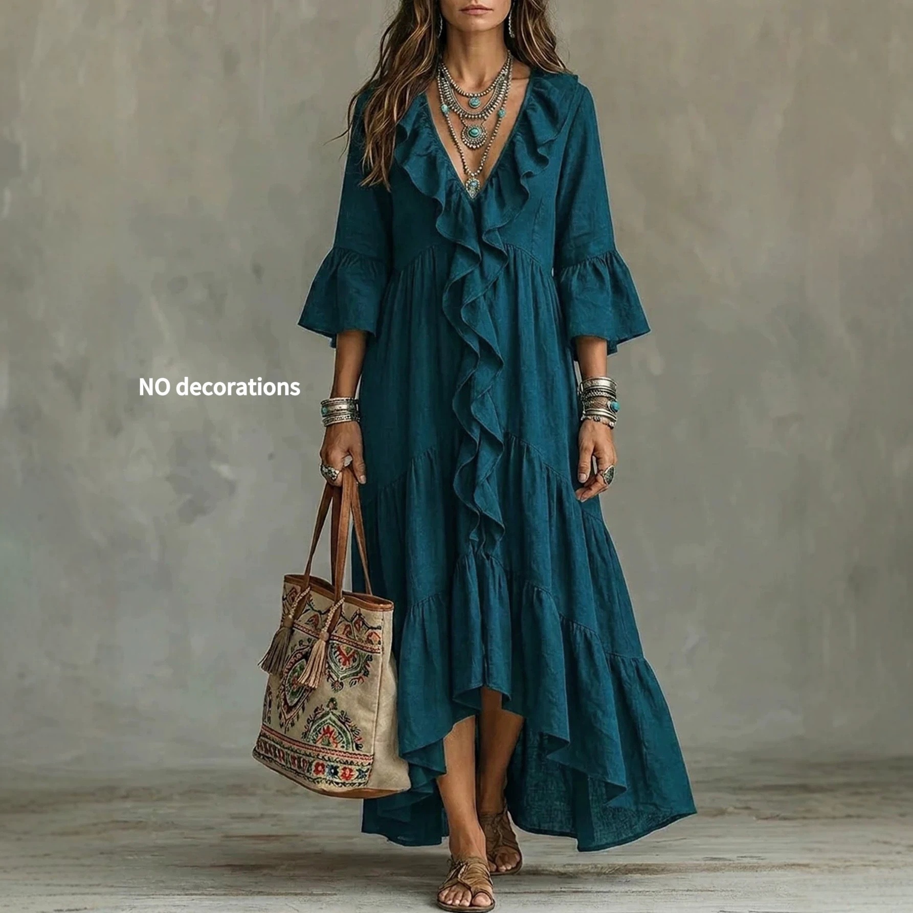 V-Neck Ruffle Bell Sleeve Midi Dress