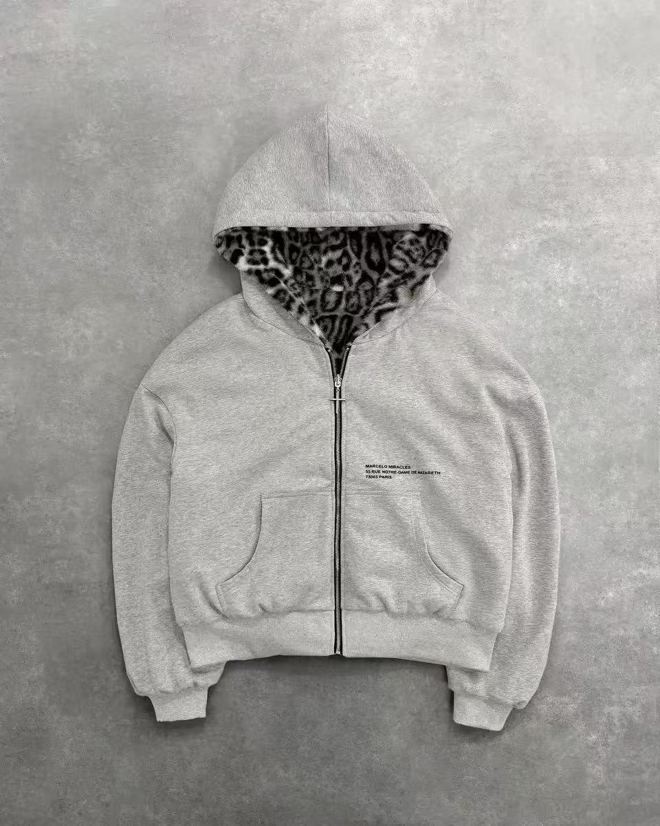 Reversible Leopard Print Zip Hoodie Oversized
