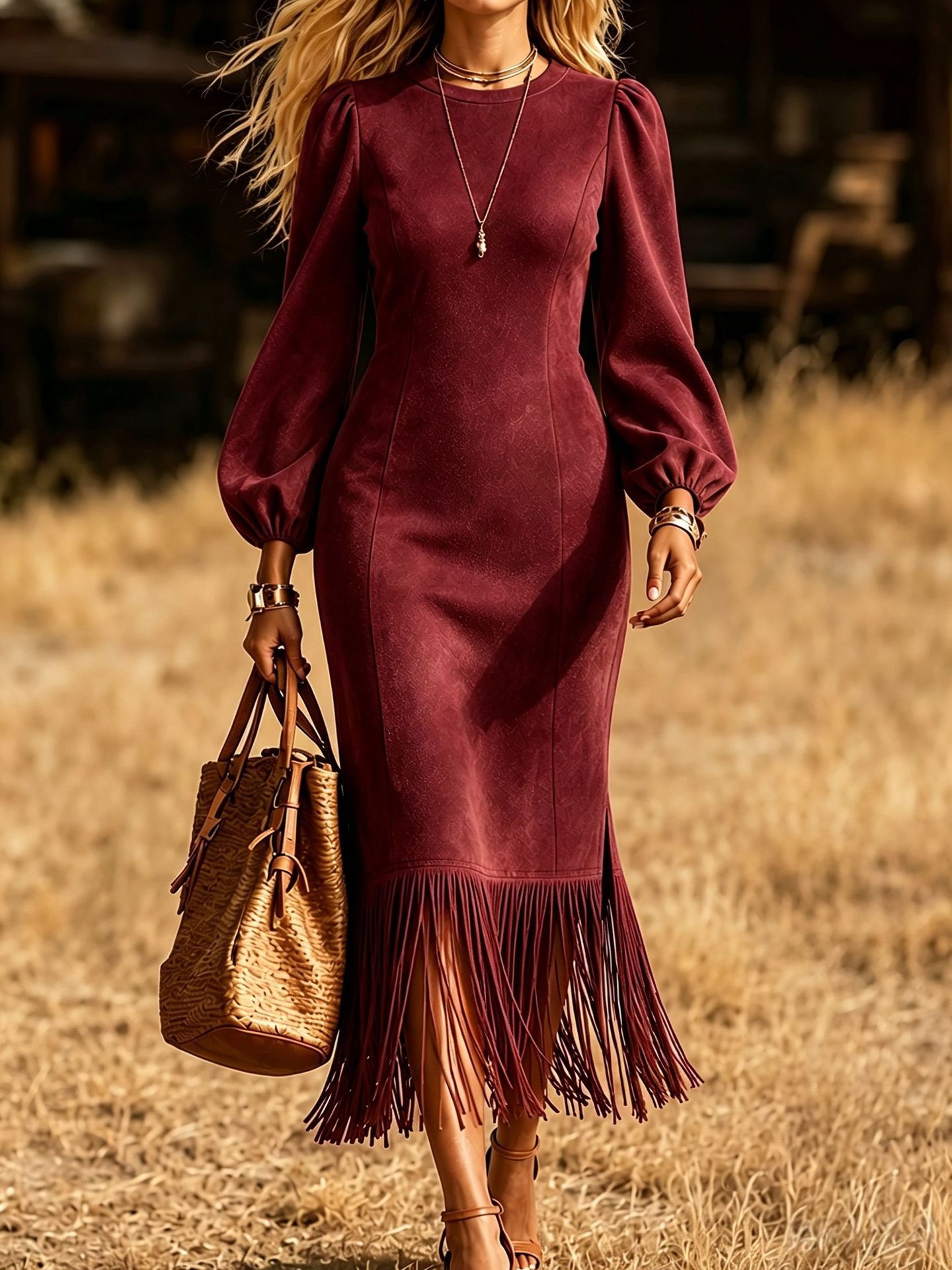 Suede Western Fringe Long Sleeve Midi Dress