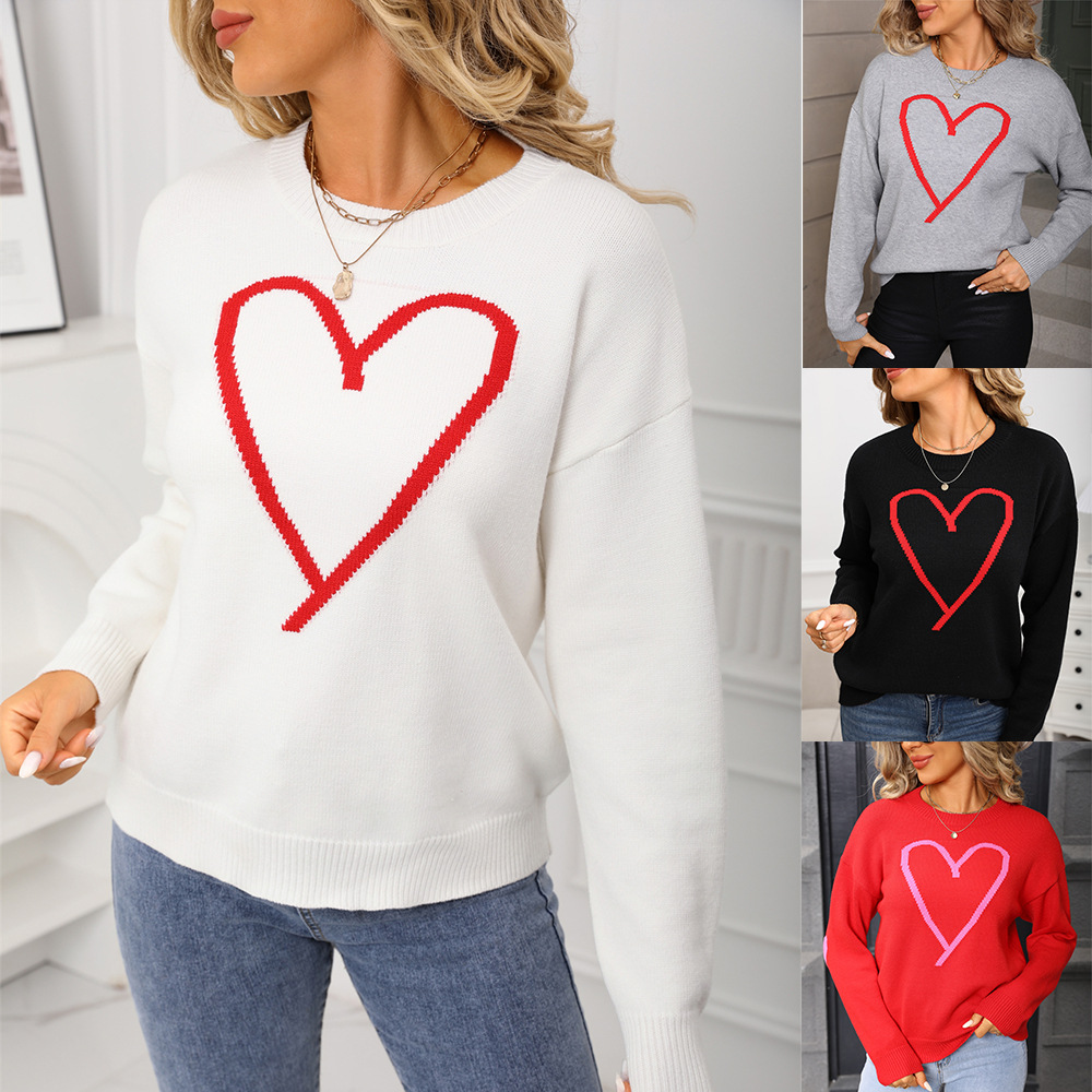 Women's Heart Jacquard Pullover Sweater Crew Neck Long Sleeve