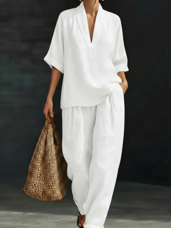 V-Neck Short Sleeve Top & Wide-Leg Pants Set Casual Solid Color