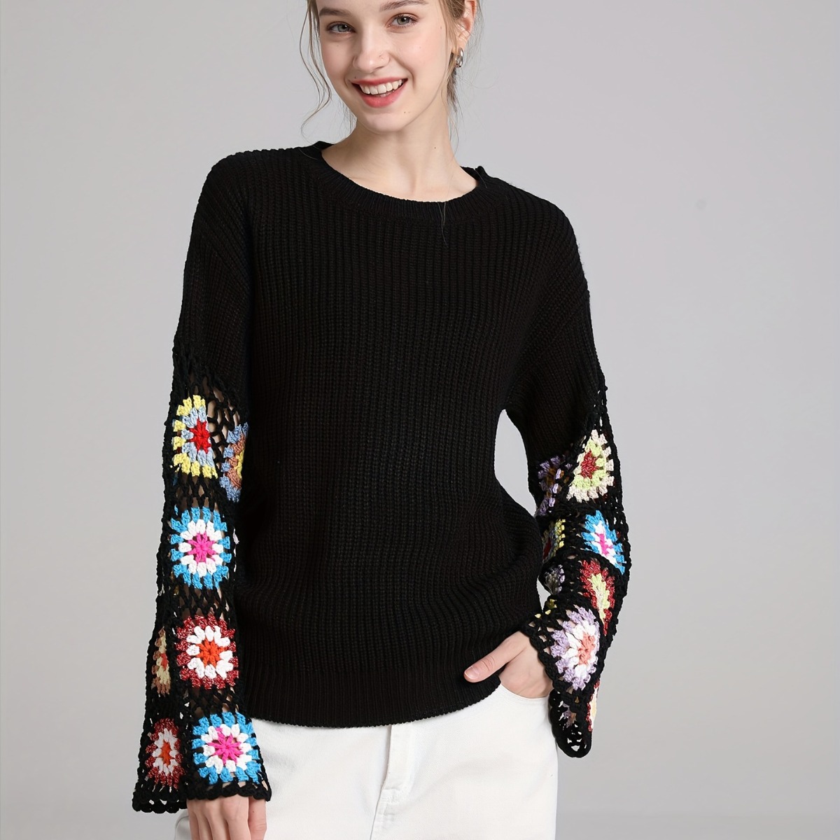 Women's Crochet Flared-Sleeve Pullover Sweater with Hollow-Out Colorblock Design