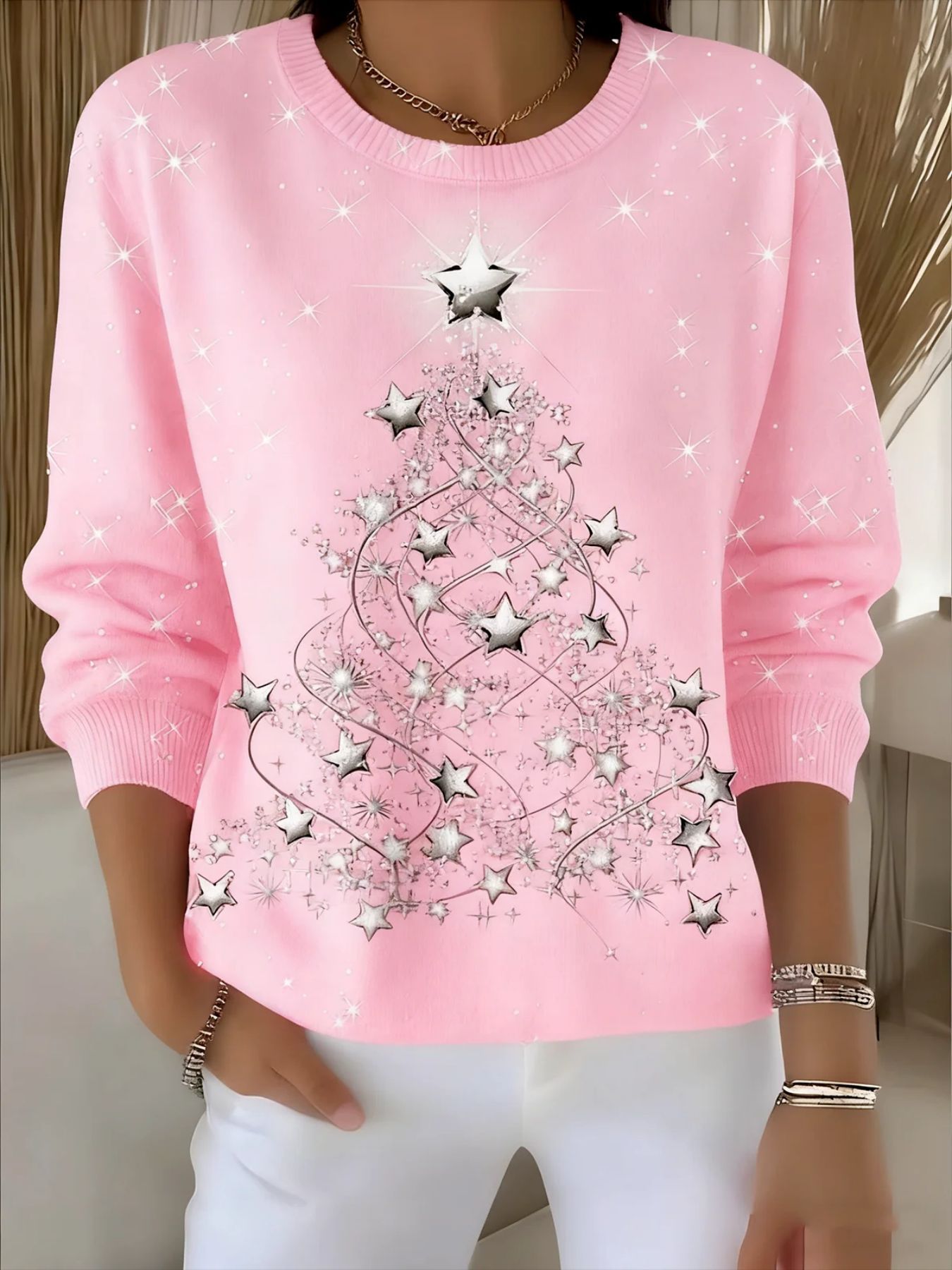 Christmas Star Tree Print Crewneck Long Sleeve Pullover Sweatshirt