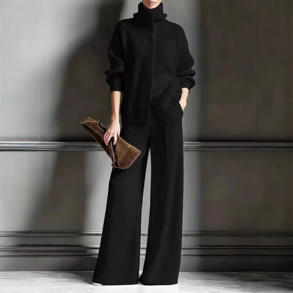 Women's Thickened High Neck Wide Leg Pants Set Casual Two-Piece